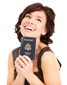 Happy woman holding US passport