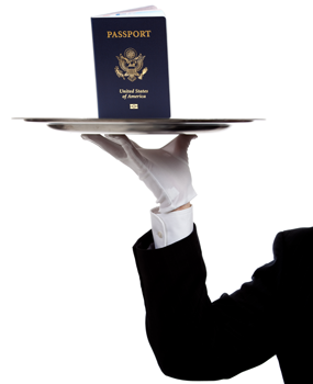 White Gloved hand delivering a passport
